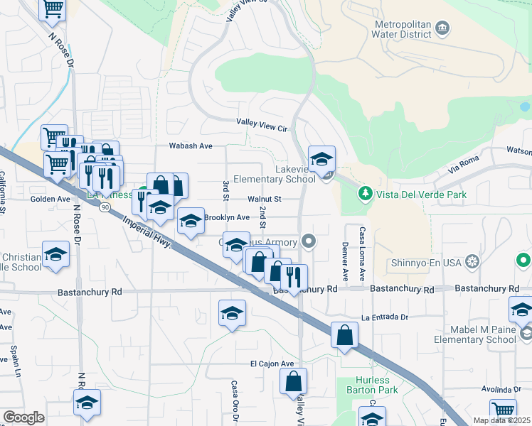 map of restaurants, bars, coffee shops, grocery stores, and more near 17371 Brooklyn Avenue in Yorba Linda