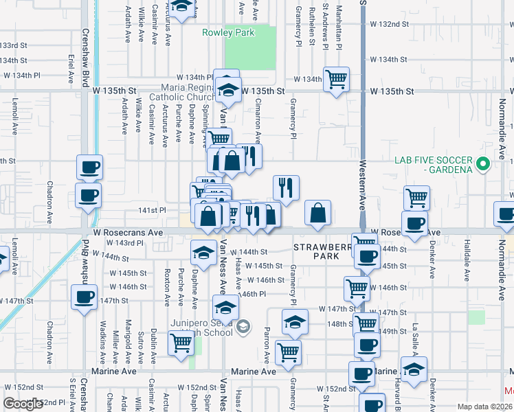 map of restaurants, bars, coffee shops, grocery stores, and more near 2045 Rosecrans Avenue in Gardena