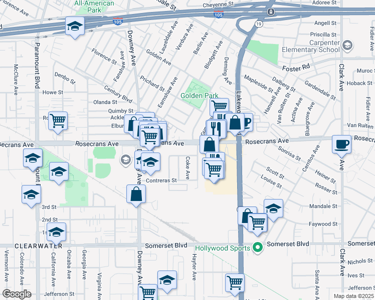map of restaurants, bars, coffee shops, grocery stores, and more near 8710 Rosecrans Avenue in Paramount