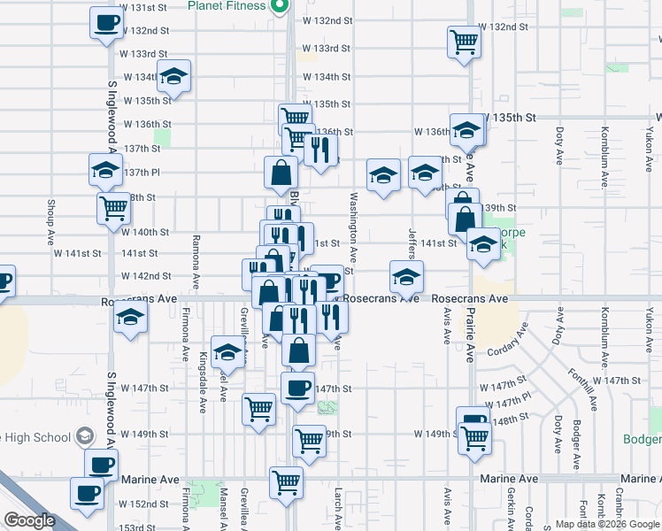 map of restaurants, bars, coffee shops, grocery stores, and more near 4321 West 142nd Street in Hawthorne