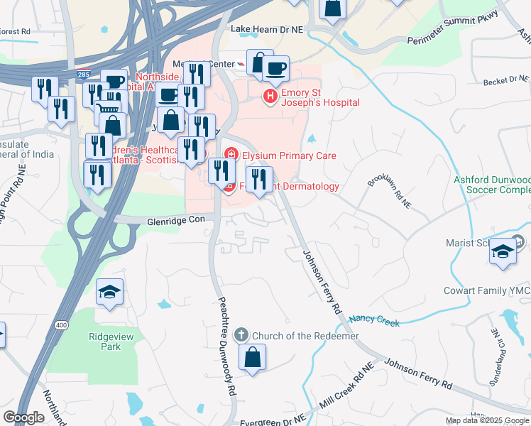 map of restaurants, bars, coffee shops, grocery stores, and more near 1178 Glenridge Place Northeast in Atlanta