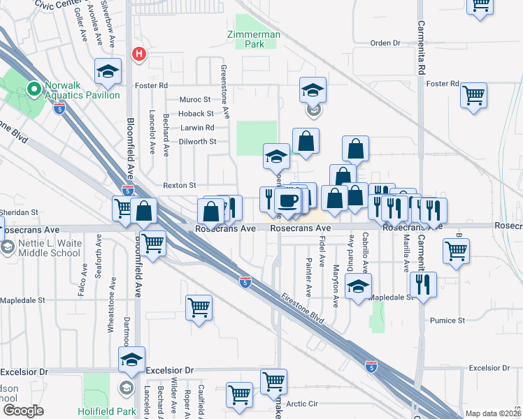 map of restaurants, bars, coffee shops, grocery stores, and more near 14121 Shoemaker Avenue in Norwalk