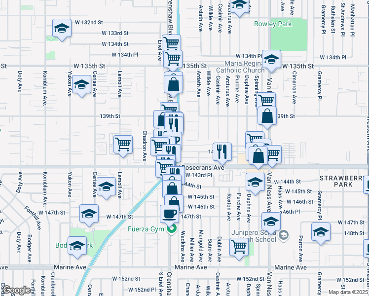 map of restaurants, bars, coffee shops, grocery stores, and more near 2931 West 141st Place in Gardena