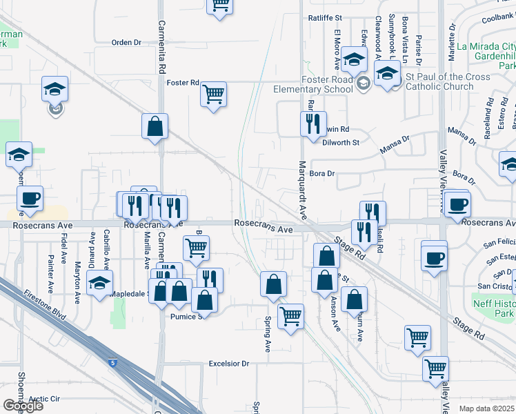 map of restaurants, bars, coffee shops, grocery stores, and more near 13649 Rosecrans Avenue in Santa Fe Springs