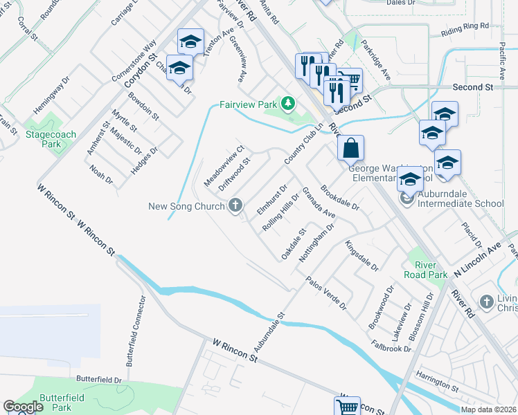 map of restaurants, bars, coffee shops, grocery stores, and more near 1021 Elmhurst Drive in Corona