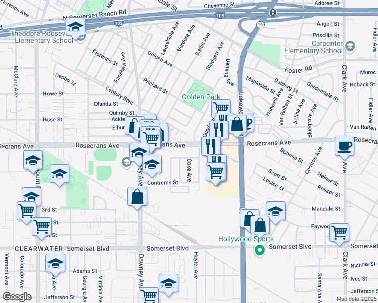 map of restaurants, bars, coffee shops, grocery stores, and more near 8710 Rosecrans Ave in Paramount