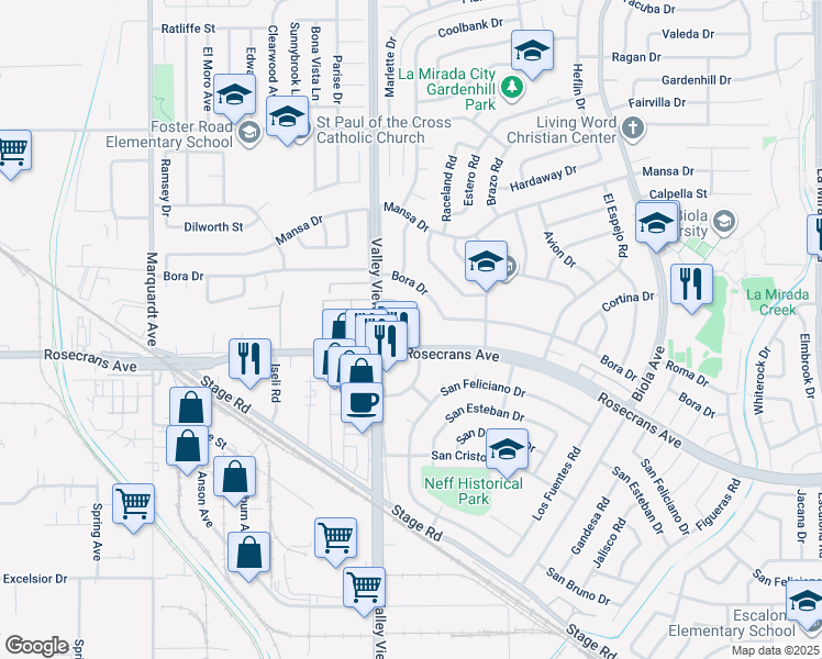 map of restaurants, bars, coffee shops, grocery stores, and more near 13960 Valley View Avenue in La Mirada