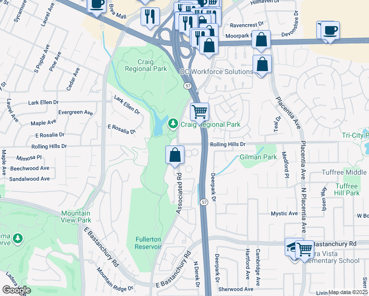 map of restaurants, bars, coffee shops, grocery stores, and more near 2749 Quail Ridge Circle in Fullerton