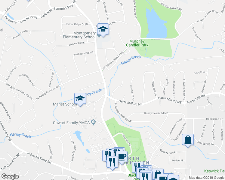 map of restaurants, bars, coffee shops, grocery stores, and more near 3780 Ashford Lake Court Northeast in Atlanta