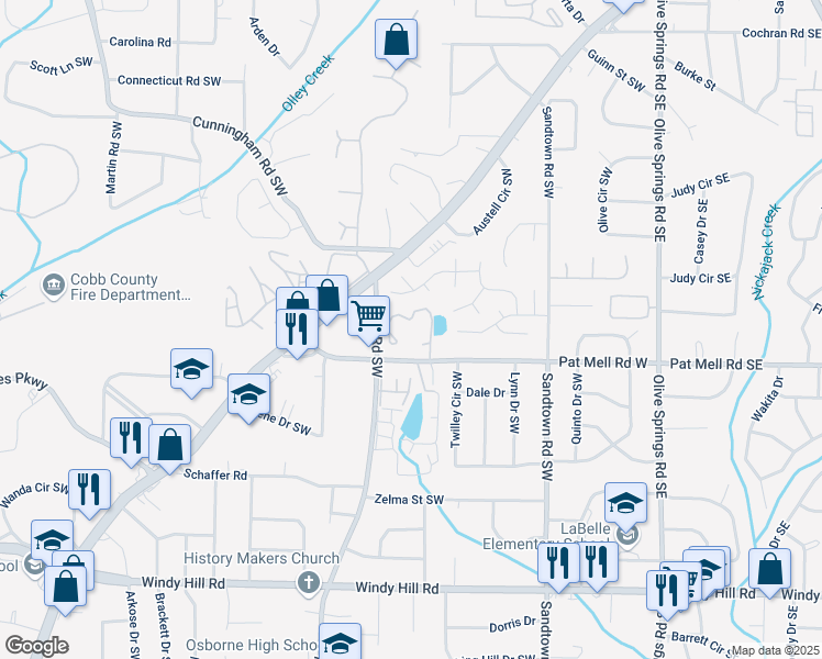 map of restaurants, bars, coffee shops, grocery stores, and more near 300 Pat Mell Road West in Marietta
