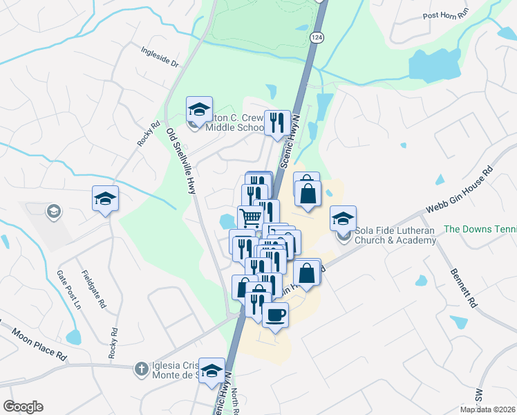 map of restaurants, bars, coffee shops, grocery stores, and more near 1316 Leisure Lake Drive in Lawrenceville