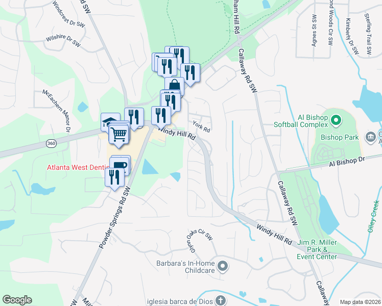 map of restaurants, bars, coffee shops, grocery stores, and more near 710 Winston Road Southwest in Marietta