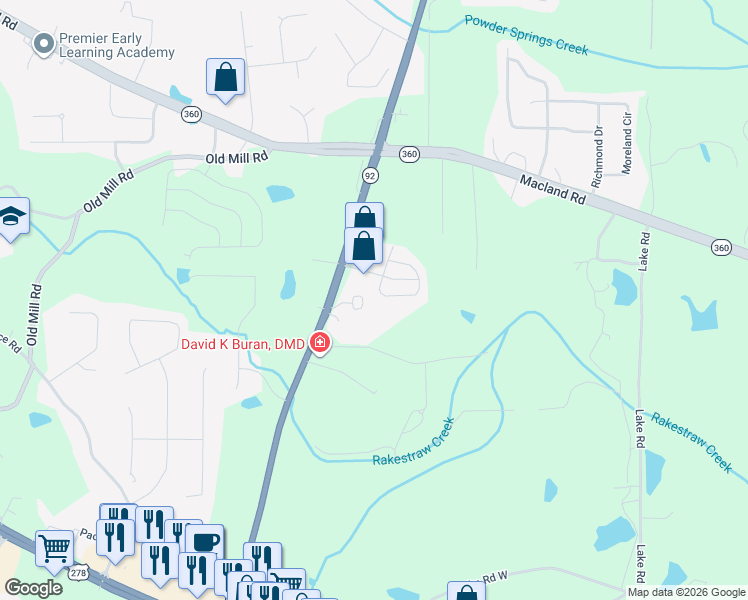 map of restaurants, bars, coffee shops, grocery stores, and more near 42 Darby's Crossing Court in Hiram