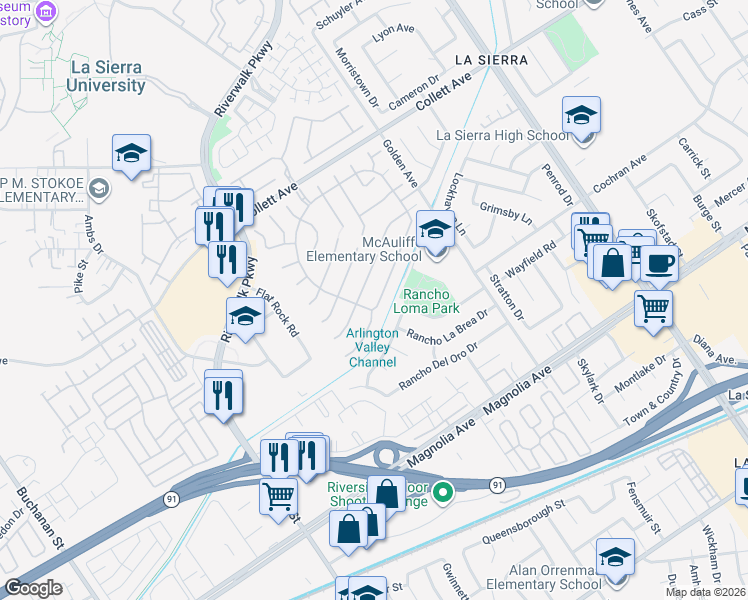 map of restaurants, bars, coffee shops, grocery stores, and more near 11491 Bridgeway Drive in Riverside