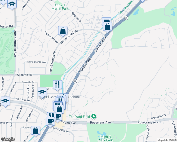 map of restaurants, bars, coffee shops, grocery stores, and more near 14053 Highlander Road in La Mirada
