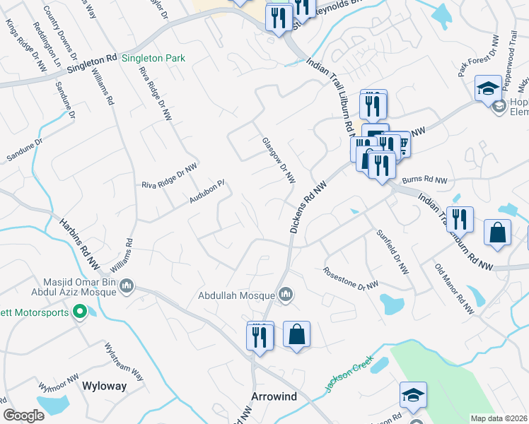 map of restaurants, bars, coffee shops, grocery stores, and more near 1012 Dundee Drive Northwest in Lilburn