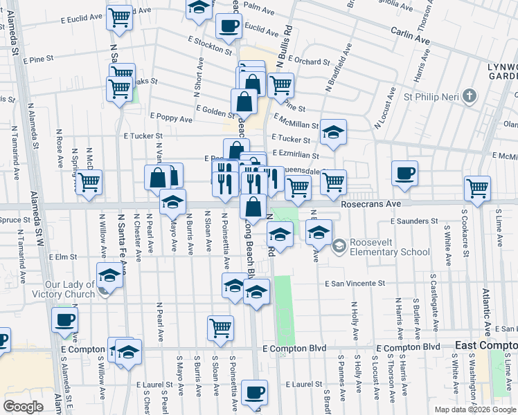 map of restaurants, bars, coffee shops, grocery stores, and more near 1422 Rosecrans Avenue in Compton