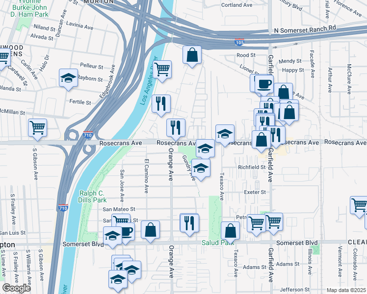 map of restaurants, bars, coffee shops, grocery stores, and more near 14400 Gundry Avenue in Paramount