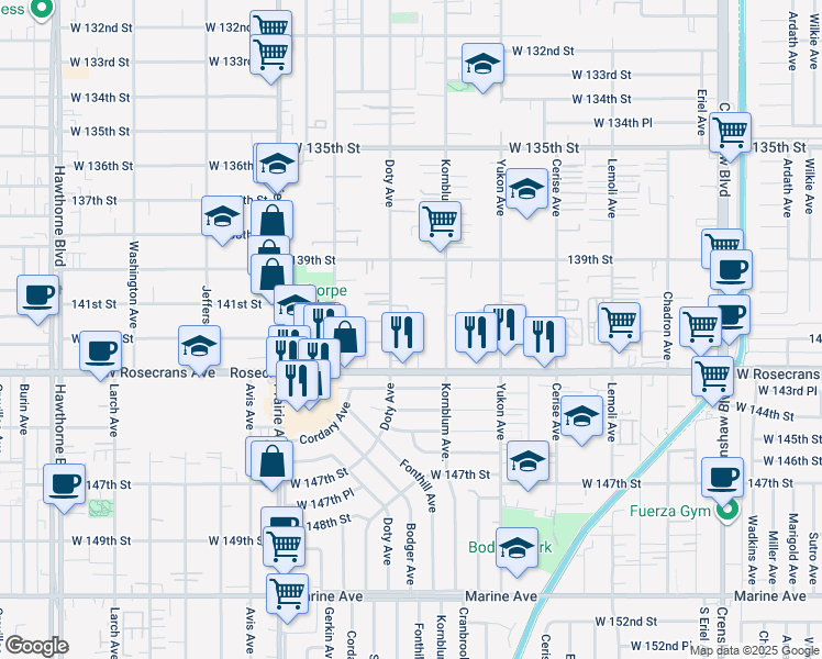 map of restaurants, bars, coffee shops, grocery stores, and more near 14103 Fonthill Avenue in Hawthorne