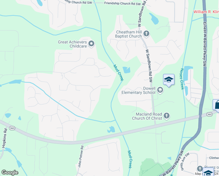 map of restaurants, bars, coffee shops, grocery stores, and more near 2143 Leatherstone Drive in Powder Springs