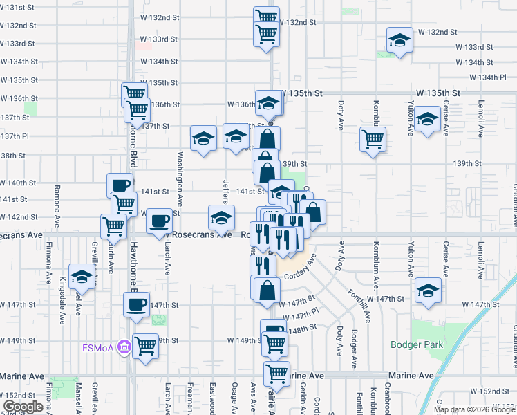 map of restaurants, bars, coffee shops, grocery stores, and more near 4029 West 142nd Street in Hawthorne