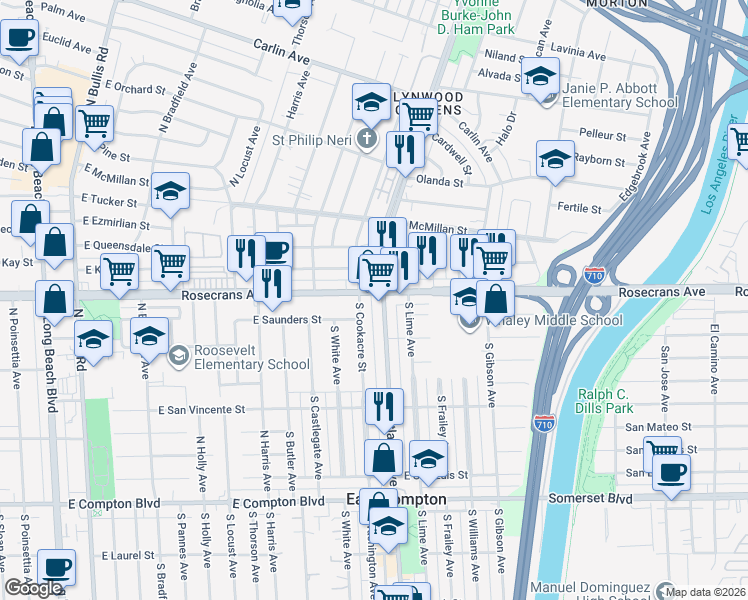 map of restaurants, bars, coffee shops, grocery stores, and more near 14309 Atlantic Avenue in Compton