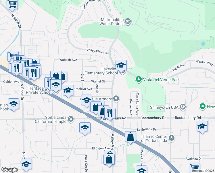 map of restaurants, bars, coffee shops, grocery stores, and more near 17446 Brooklyn Avenue in Yorba Linda