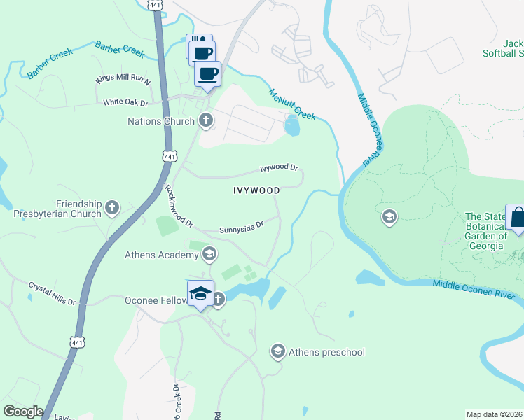 map of restaurants, bars, coffee shops, grocery stores, and more near 1121 Sunnyside Drive in Athens