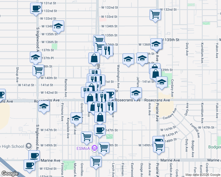 map of restaurants, bars, coffee shops, grocery stores, and more near 4351 West 142nd Street in Hawthorne