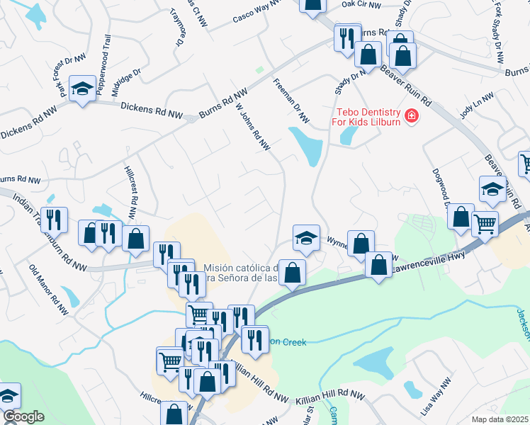 map of restaurants, bars, coffee shops, grocery stores, and more near 4565 English Oaks Lane Northwest in Lilburn