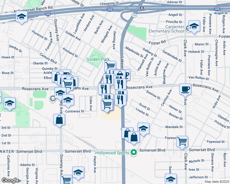 map of restaurants, bars, coffee shops, grocery stores, and more near 8854 Rosecrans Avenue in Downey