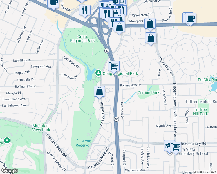 map of restaurants, bars, coffee shops, grocery stores, and more near 2787 Pine Creek Circle in Fullerton
