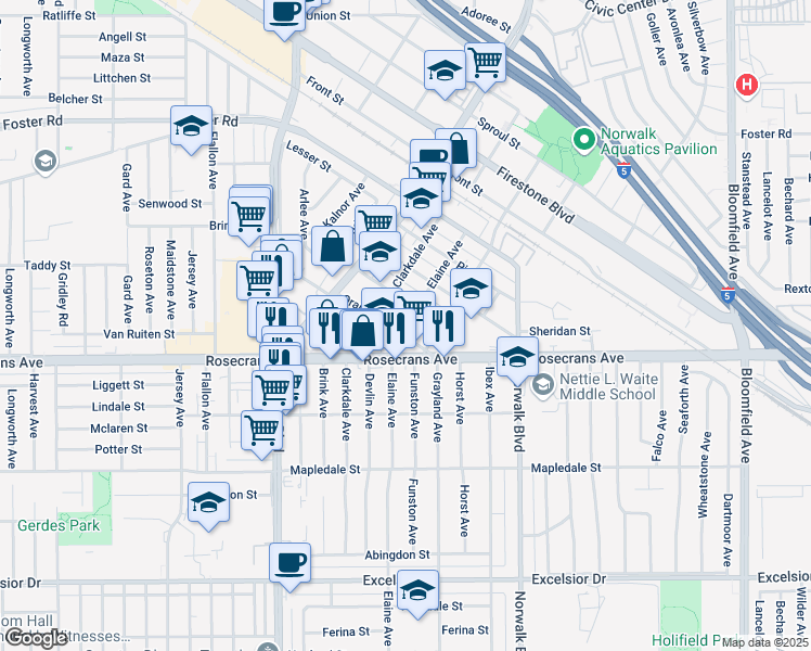 map of restaurants, bars, coffee shops, grocery stores, and more near 12049 Orange Street in Norwalk