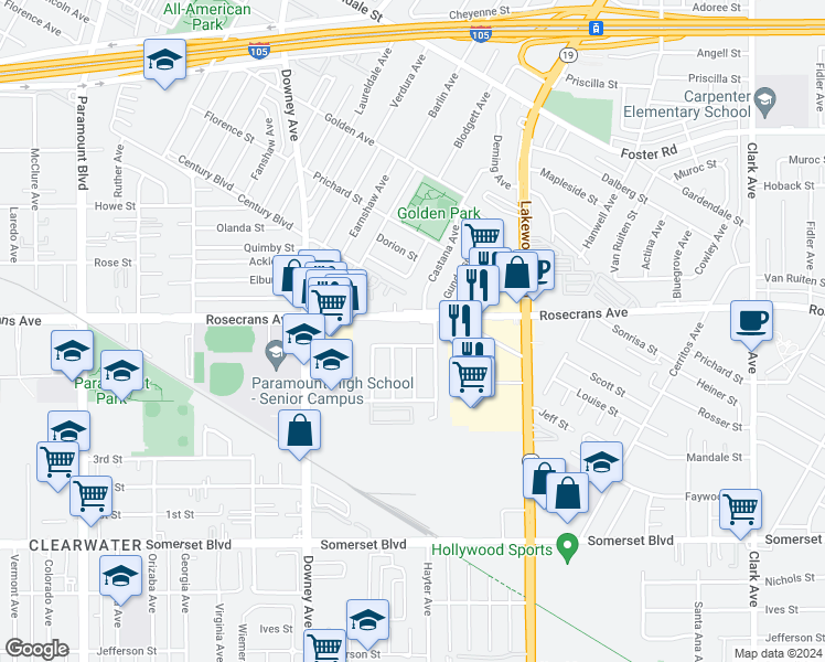 map of restaurants, bars, coffee shops, grocery stores, and more near 8710 Rosecrans Avenue in Paramount