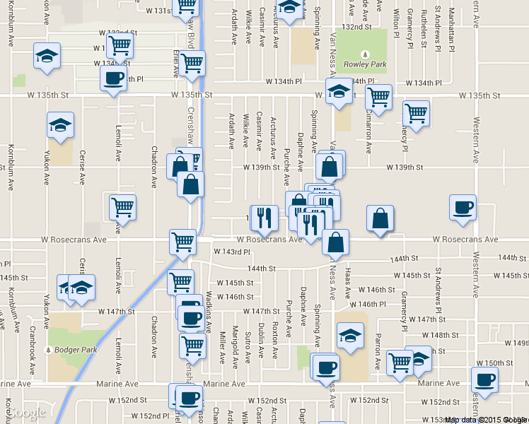 map of restaurants, bars, coffee shops, grocery stores, and more near 2516 West 141st Street in Gardena
