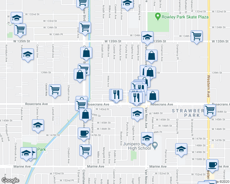 map of restaurants, bars, coffee shops, grocery stores, and more near 2516 West 141st Street in Gardena