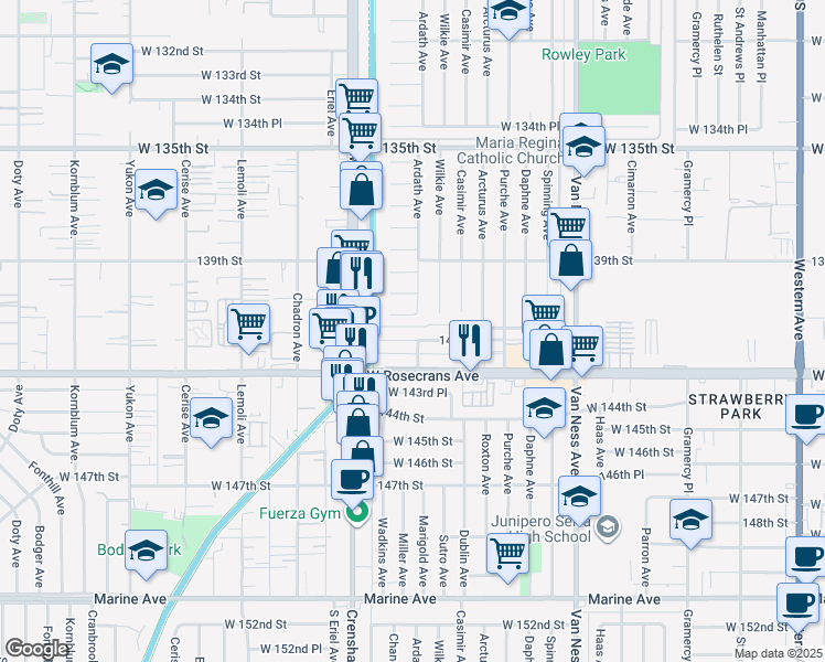map of restaurants, bars, coffee shops, grocery stores, and more near 2907 141st Place in Gardena