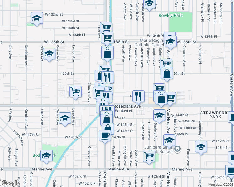 map of restaurants, bars, coffee shops, grocery stores, and more near 2911 141st Place in Gardena