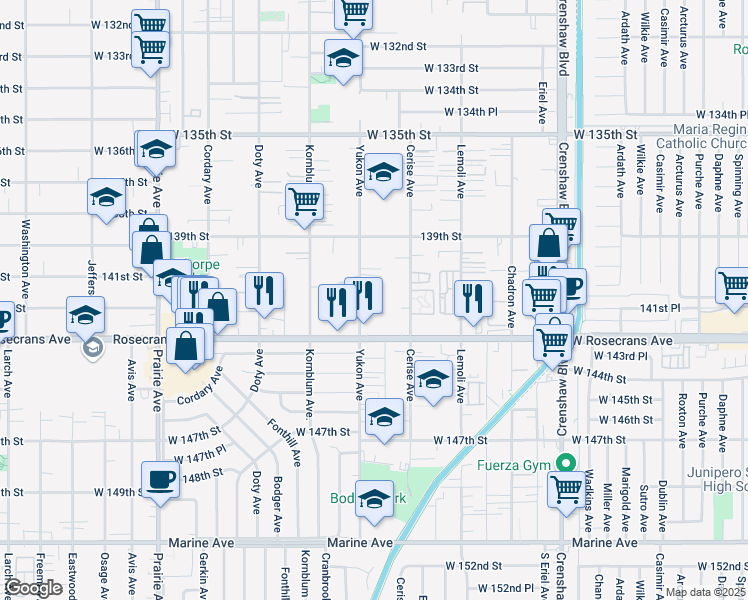 map of restaurants, bars, coffee shops, grocery stores, and more near 14116 Yukon Avenue in Hawthorne
