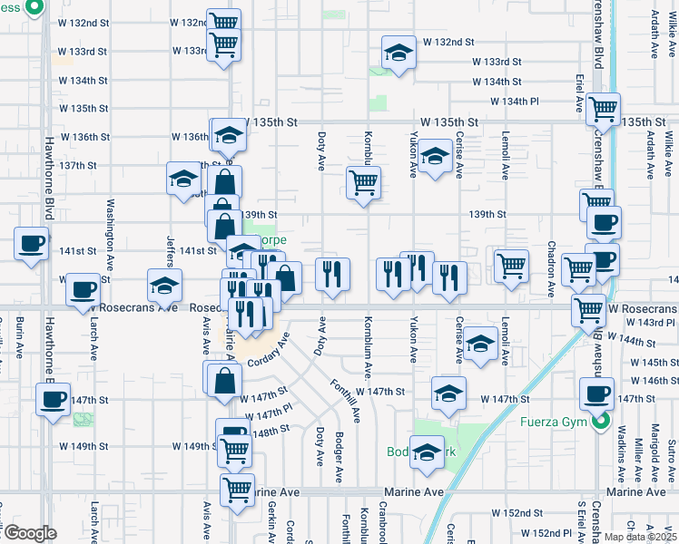 map of restaurants, bars, coffee shops, grocery stores, and more near 14114 Fonthill Avenue in Hawthorne