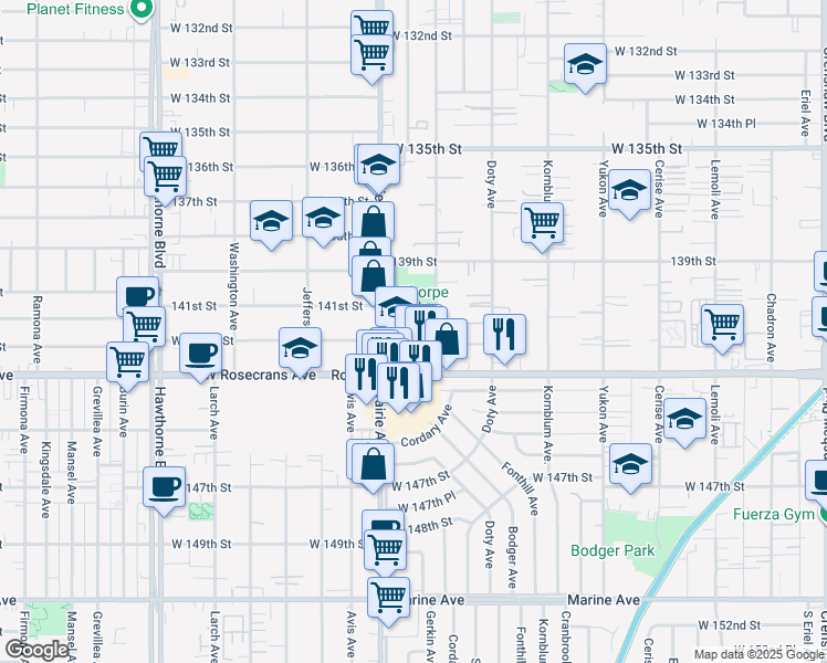 map of restaurants, bars, coffee shops, grocery stores, and more near 14111 Cordary Avenue in Hawthorne