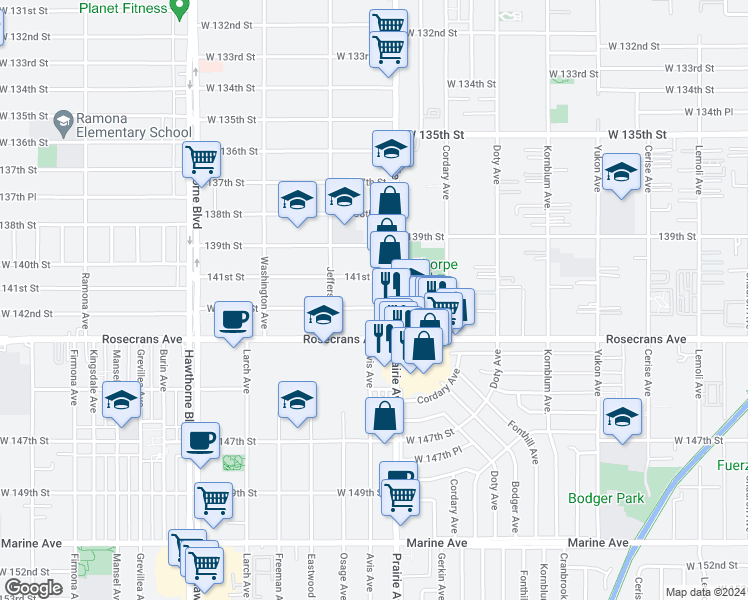 map of restaurants, bars, coffee shops, grocery stores, and more near 4068 142nd Street in Hawthorne