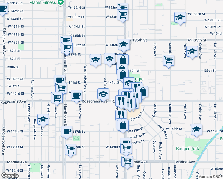 map of restaurants, bars, coffee shops, grocery stores, and more near 4068 142nd Street in Hawthorne