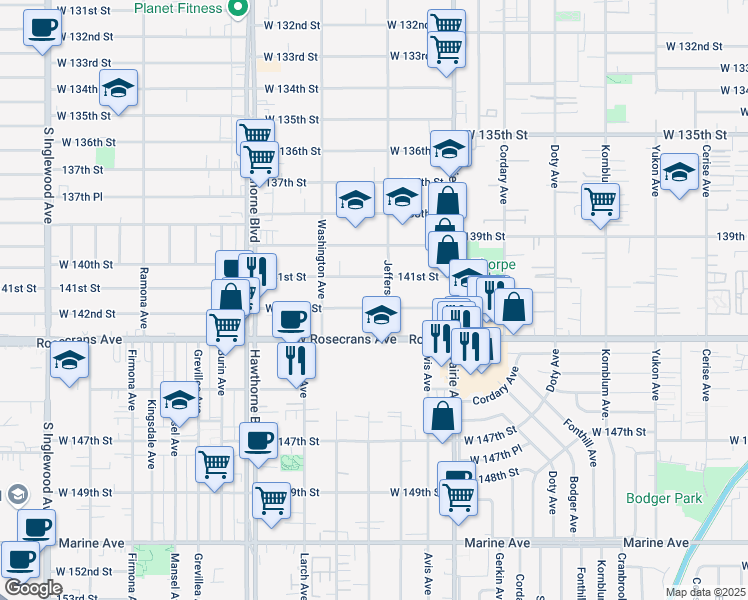 map of restaurants, bars, coffee shops, grocery stores, and more near 14153 Jefferson Avenue in Hawthorne