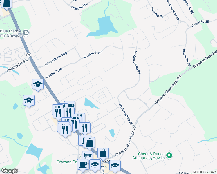 map of restaurants, bars, coffee shops, grocery stores, and more near 131 Clark Lake Lane in Grayson