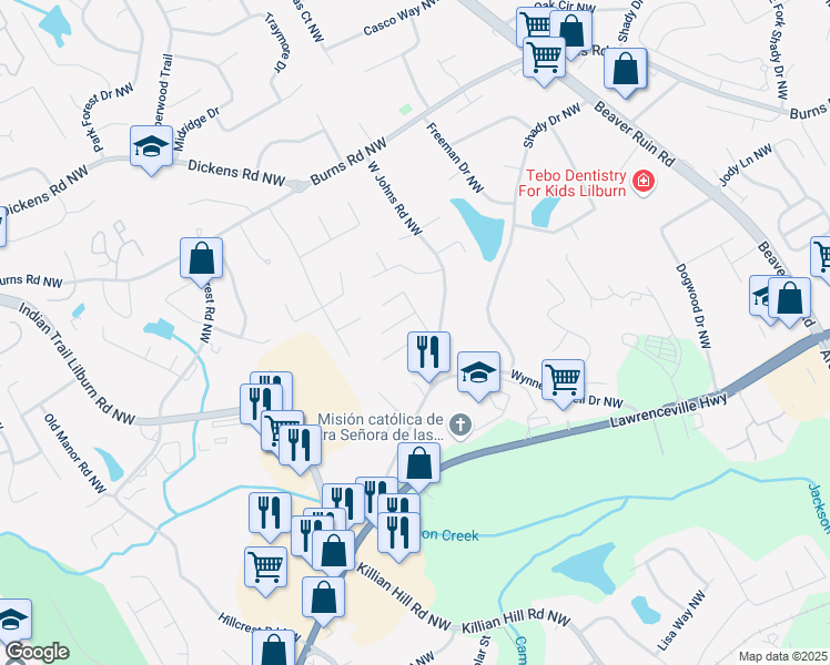 map of restaurants, bars, coffee shops, grocery stores, and more near 4565 English Oaks Lane Northwest in Lilburn