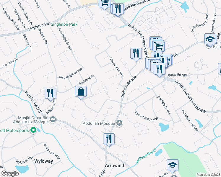map of restaurants, bars, coffee shops, grocery stores, and more near 1012 Dundee Drive Northwest in Lilburn