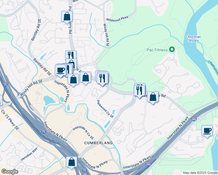 map of restaurants, bars, coffee shops, grocery stores, and more near 2401 Windy Ridge Parkway Southeast in Atlanta