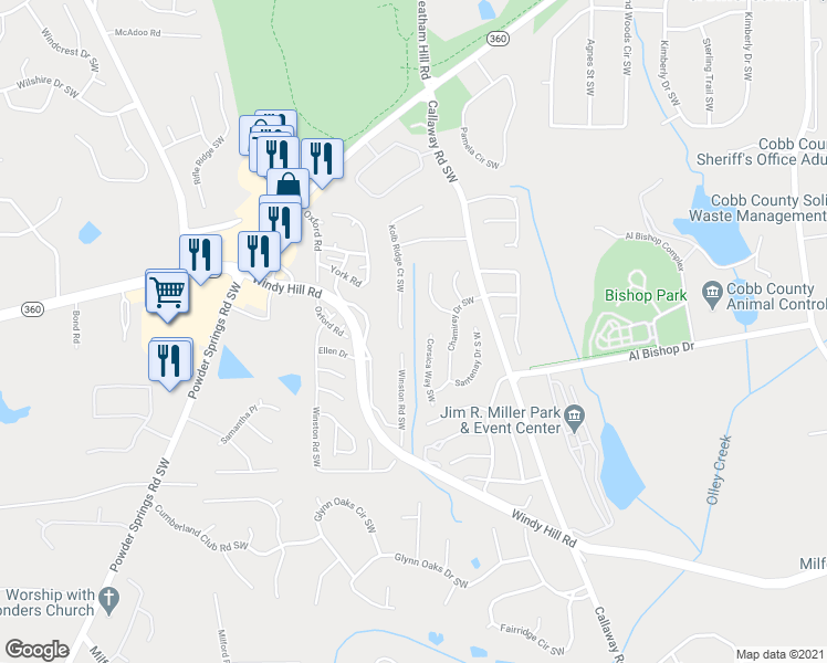 map of restaurants, bars, coffee shops, grocery stores, and more near 2090 Corsica Way Southwest in Marietta
