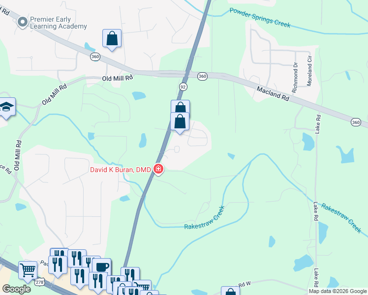 map of restaurants, bars, coffee shops, grocery stores, and more near 42 Darby's Crossing Court in Hiram